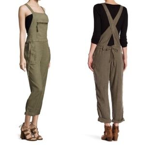 Free People Army Green Linen Cargo Overalls Size Small Petite